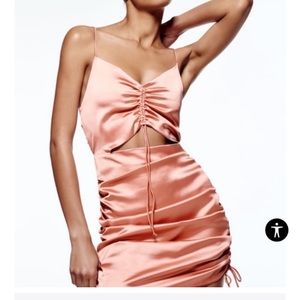 Zara Harlow Dress Satin Mini Ruched Cut Out Tawny Pink Peach Bloggers Fave M NWT